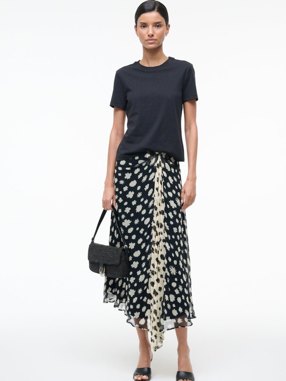 STAUD Black & White Floral Asymmetric Midi Skirt